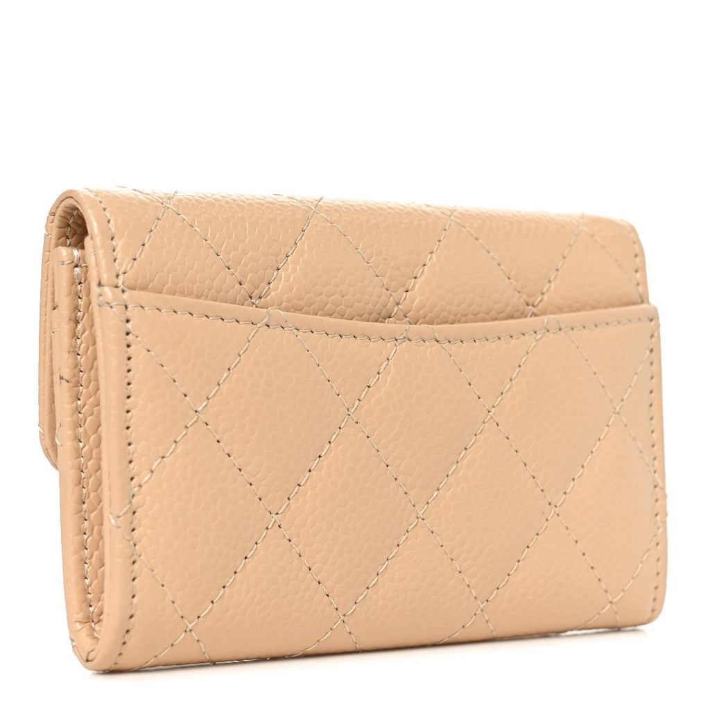 Caviar Quilted Flap  Holder Wallet Beige