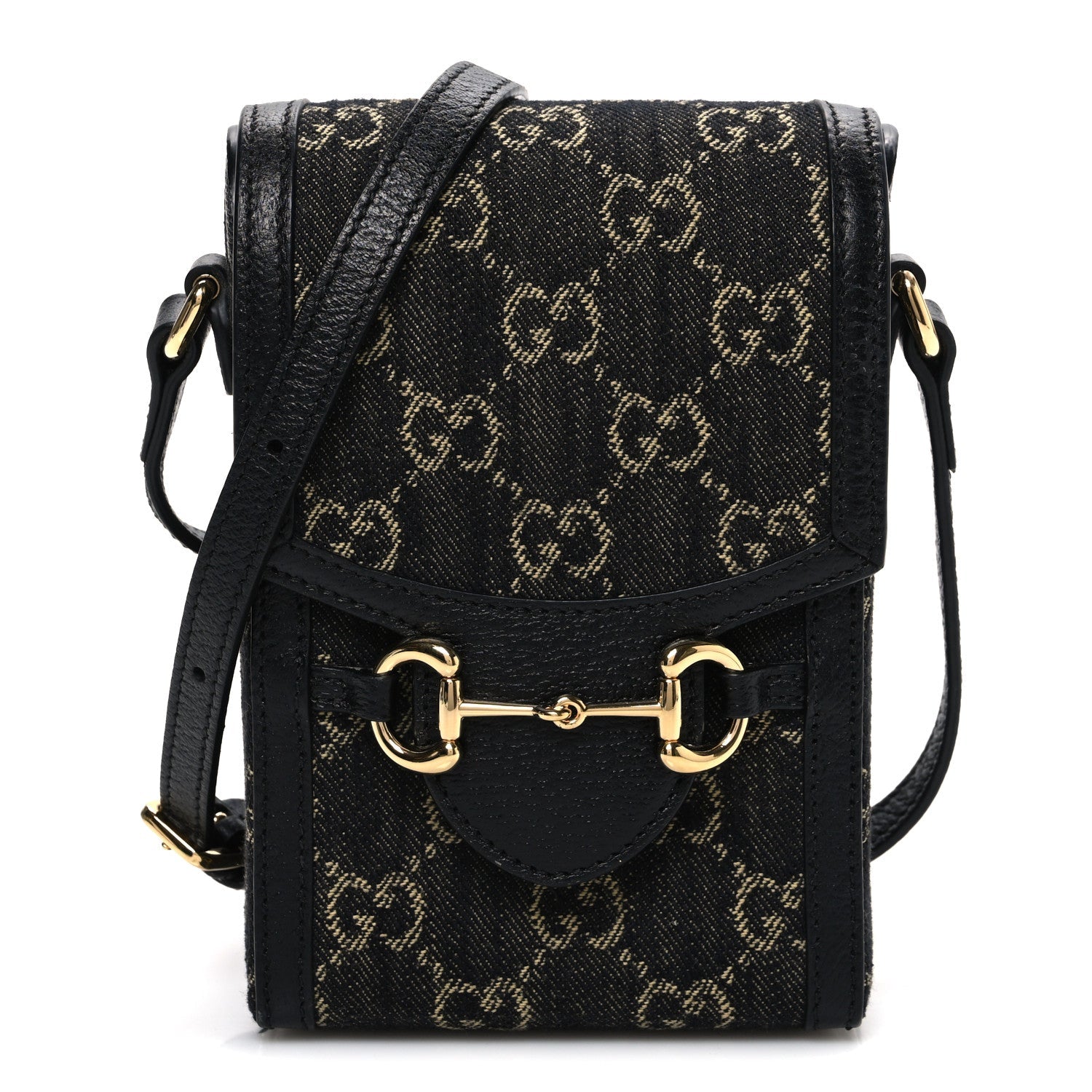 Jacquard Black Denim GG Monogram Textured Dollar Calfskin Mini Horsebit 1955 Crossbody Bag Black Ivory