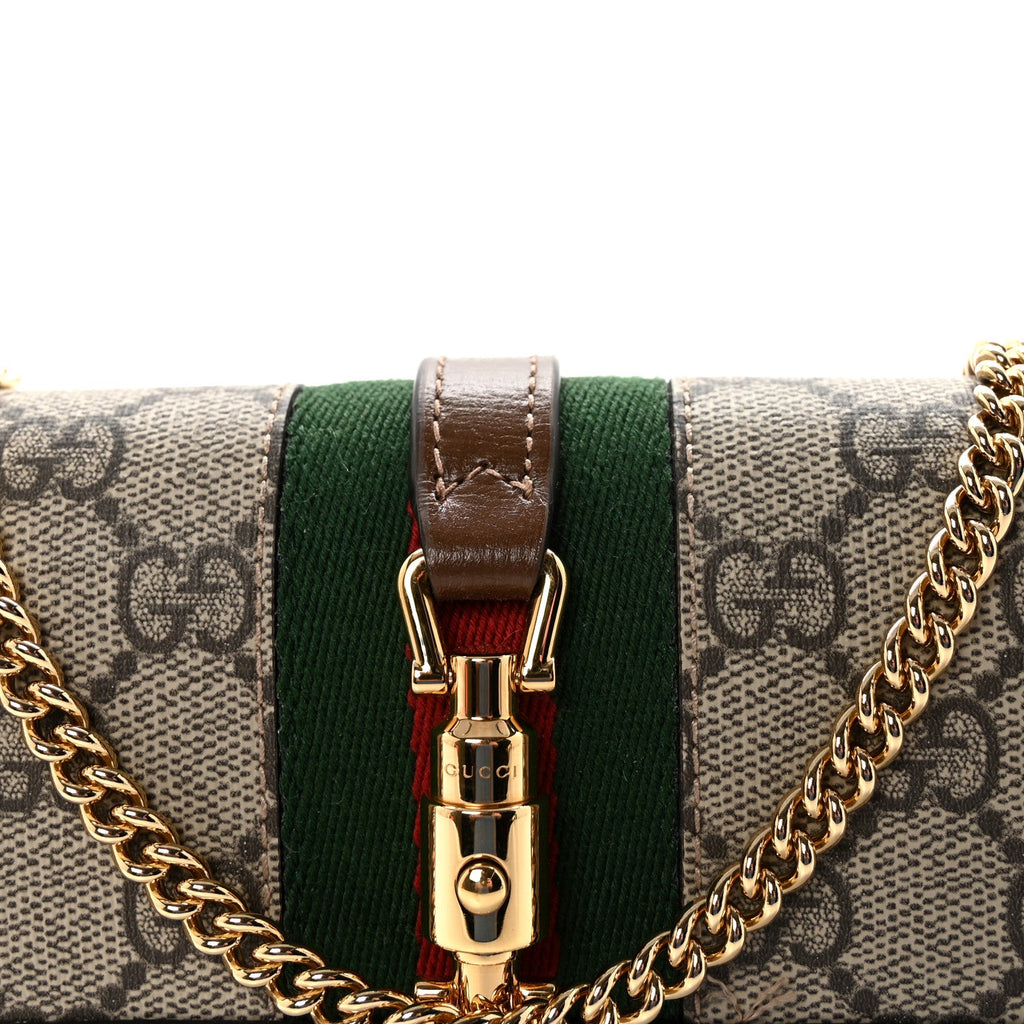 GG Supreme Monogram Azalea Calfskin Web Jackie 1961 Chain Wallet Beige Ebony Brown Sugar