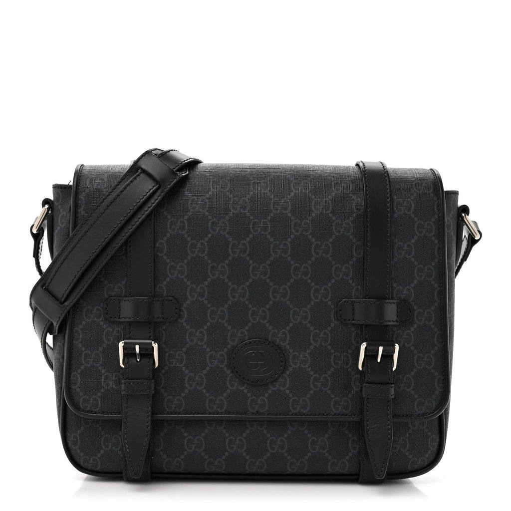 GG Supreme Monogram Textured Dollar Calfskin Retro Interlocking G Flap Messenger Bag Black