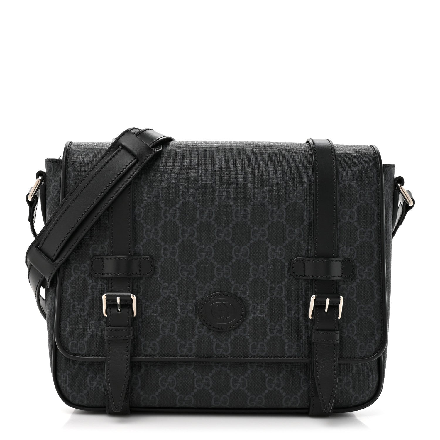 GG Supreme Monogram Textured Dollar Calfskin Retro Interlocking G Flap Messenger Bag Black