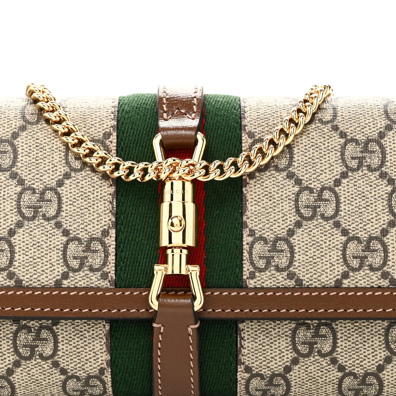 GG Supreme Monogram Azalea Calfskin Web Jackie 1961 Chain Wallet Beige Ebony Brown Sugar