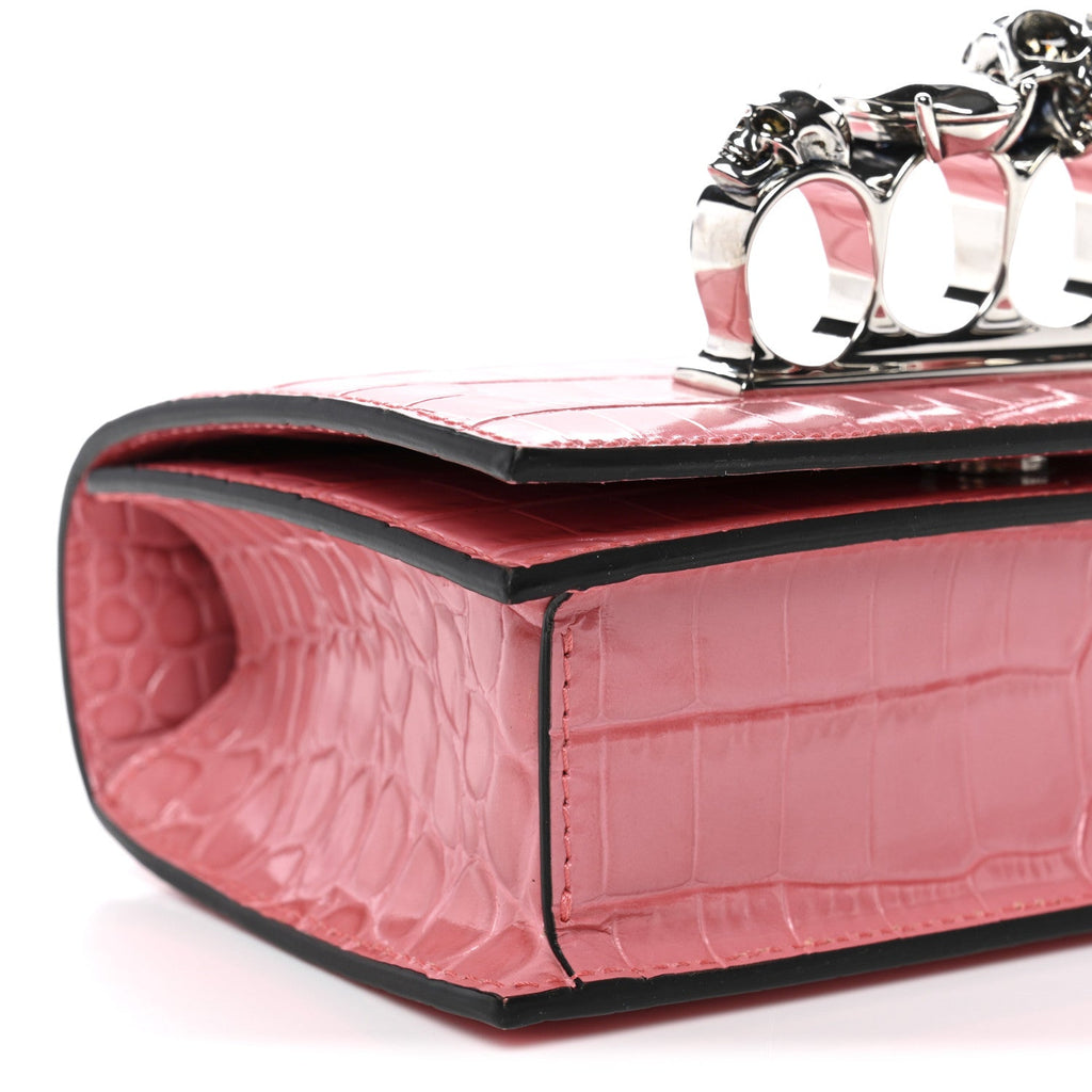 Calfskin Crocodile Embossed Mini Jeweled Knuckle Satchel Pink