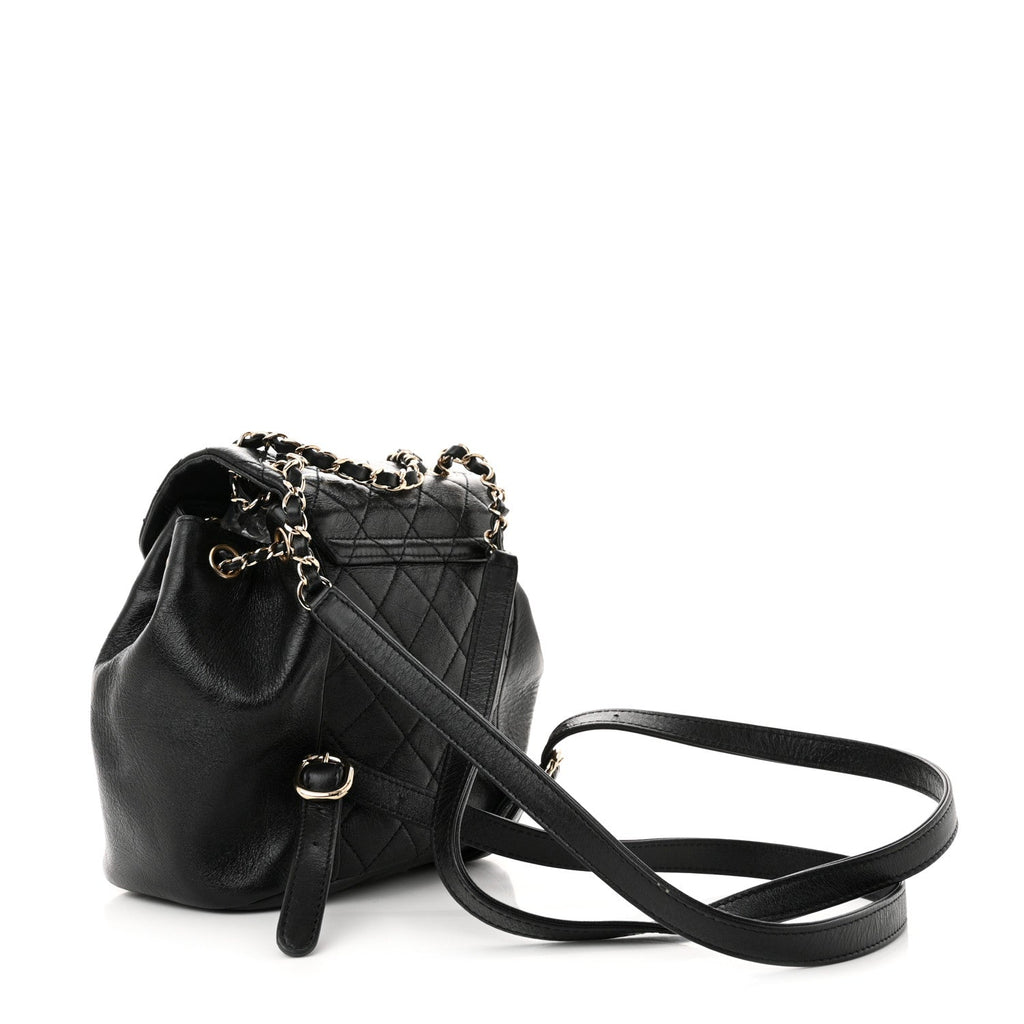 Glazed Aged Calfskin Quilted Small Duma Drawstring Backpack Black