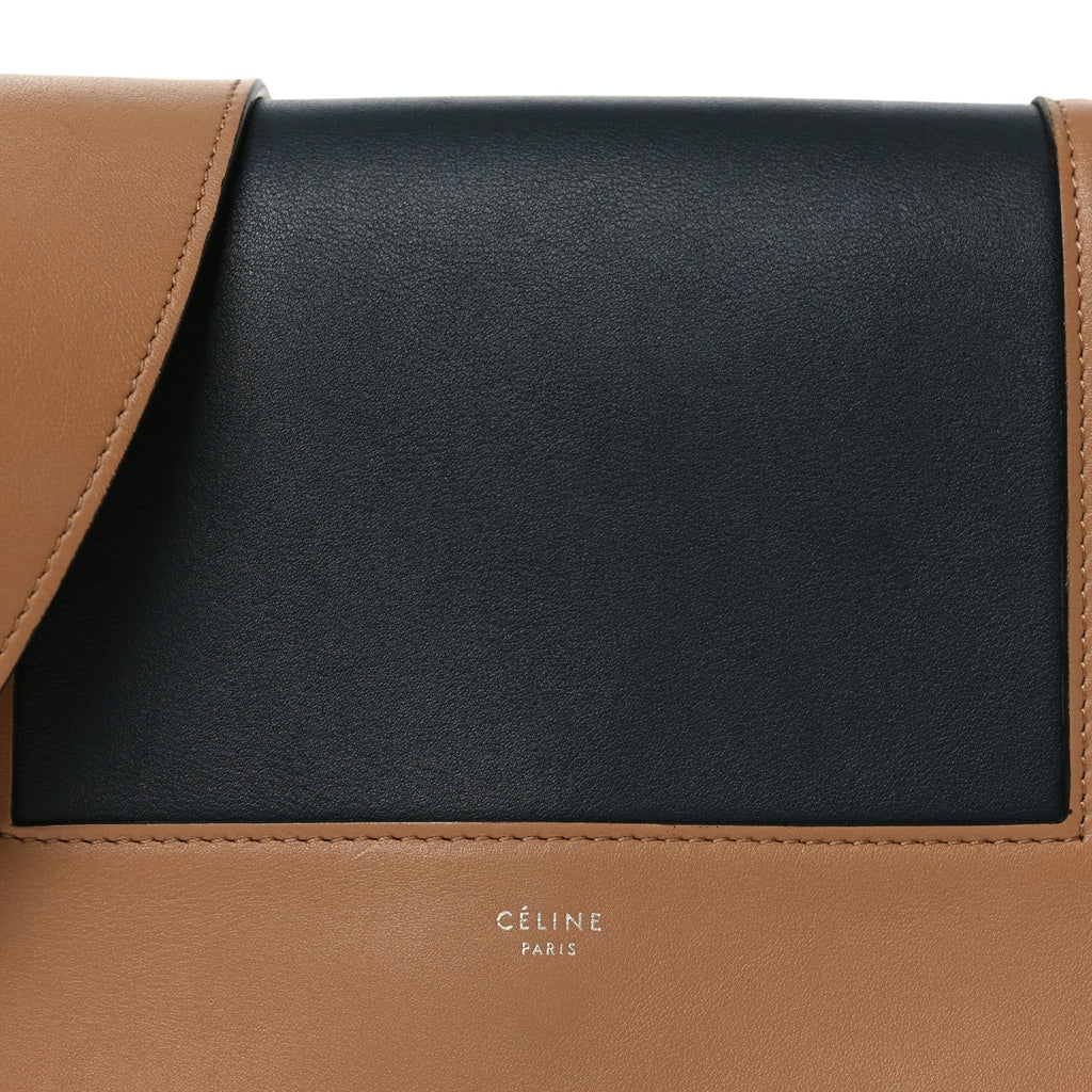 Shiny Smooth Calfskin Medium Frame Shoulder Bag Tan Navy