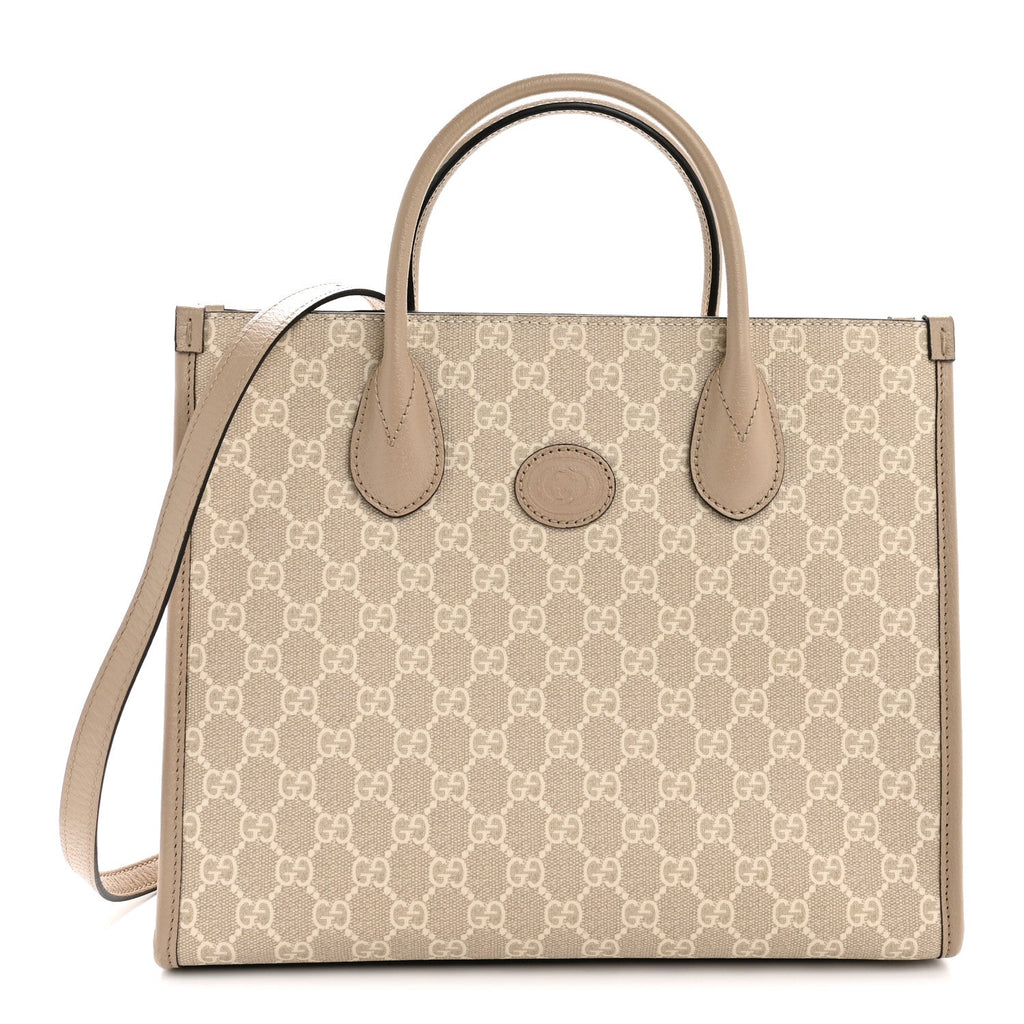 GG Supreme Monogram Textured Dollar Calfskin Small Retro Interlocking G Tote Bag Beige Mystic White Oatmeal