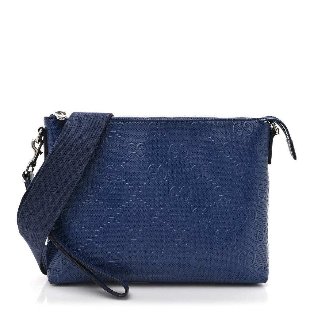 Calfskin GG Tennis Embossed Medium Wristlet Messenger Bag Intense Metal Blue