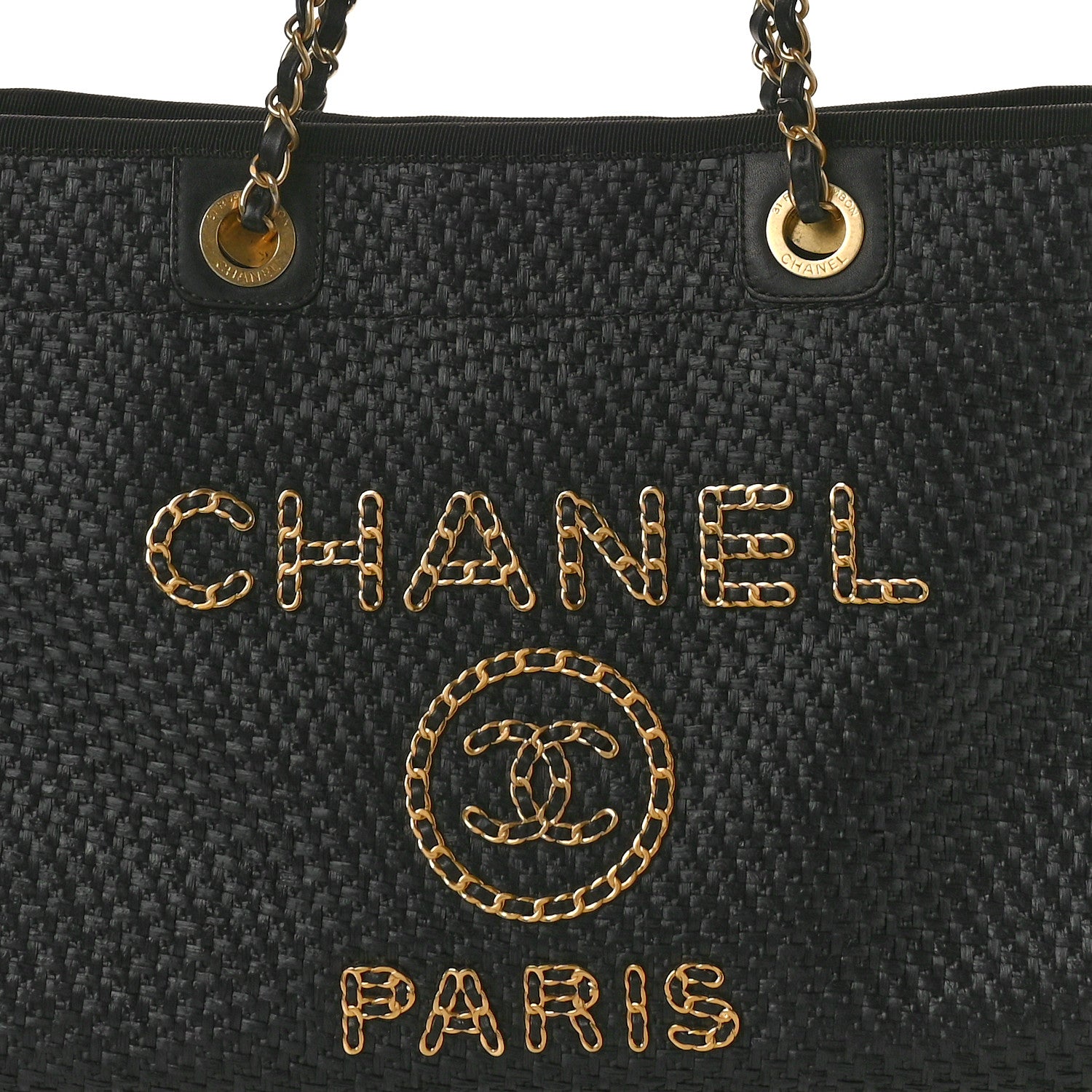 Straw Raffia Calfskin Chain Small Deauville Tote Black