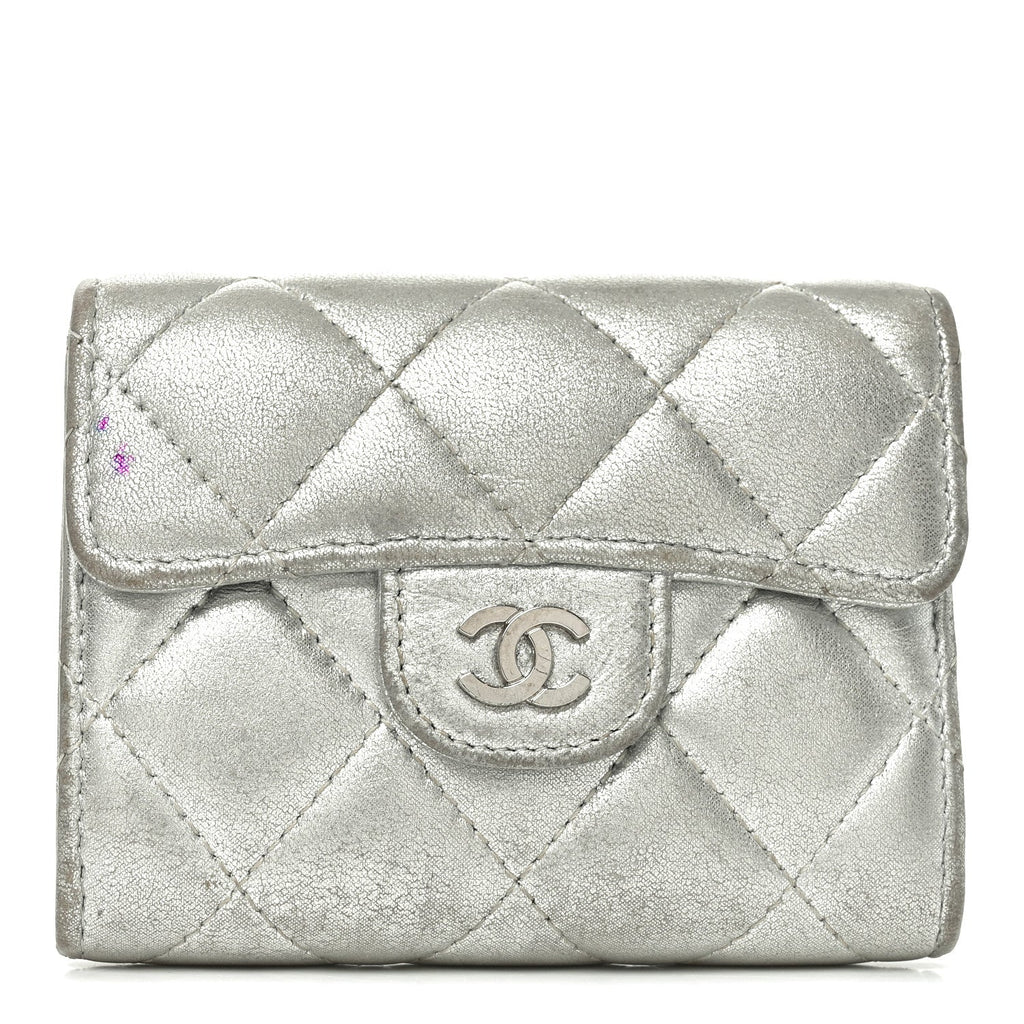 Metallic Lambskin Quilted Flap  Holder Wallet Silver