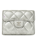 Metallic Lambskin Quilted Flap  Holder Wallet Silver