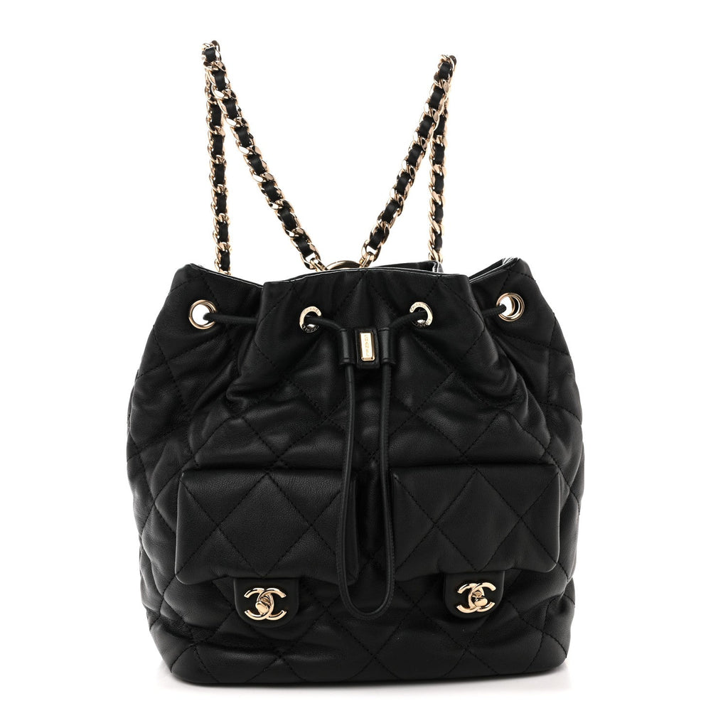 Lambskin Quilted Double Pocket Drawstring Backpack Black