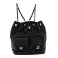 Lambskin Quilted Double Pocket Drawstring Backpack Black