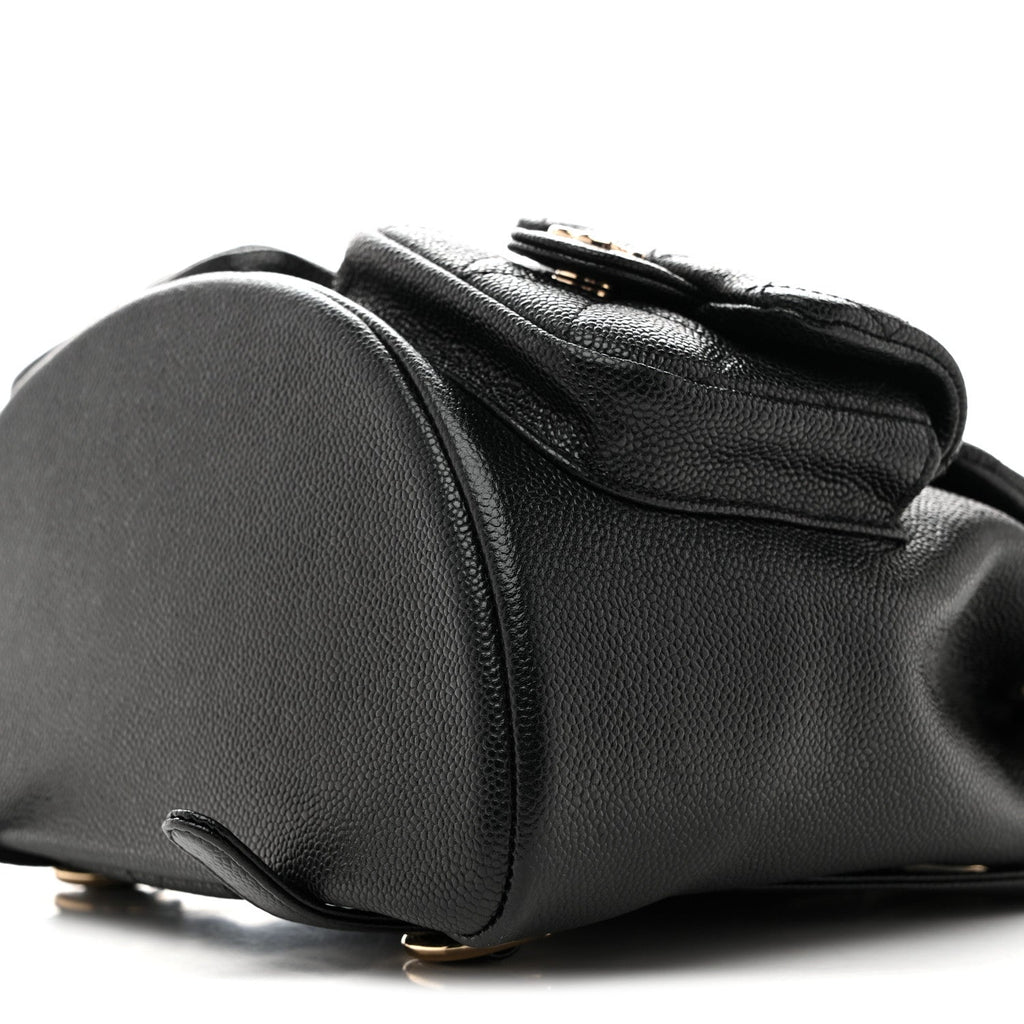 Shiny Caviar Quilted Medium Duma Pockets Drawstring Backpack Black