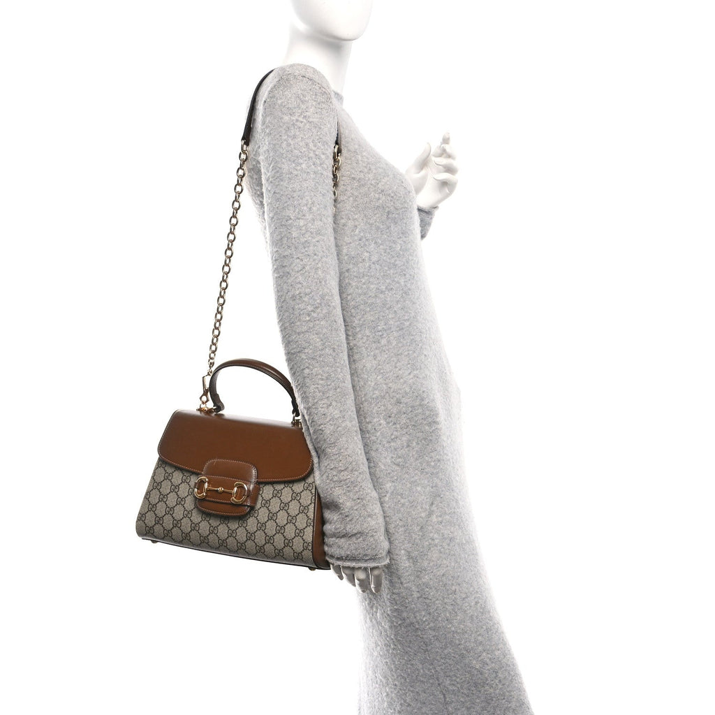 GG Supreme Monogram Calfskin Medium Horsebit 1955 Top Handle Bag Beige Ebony Brown Sugar