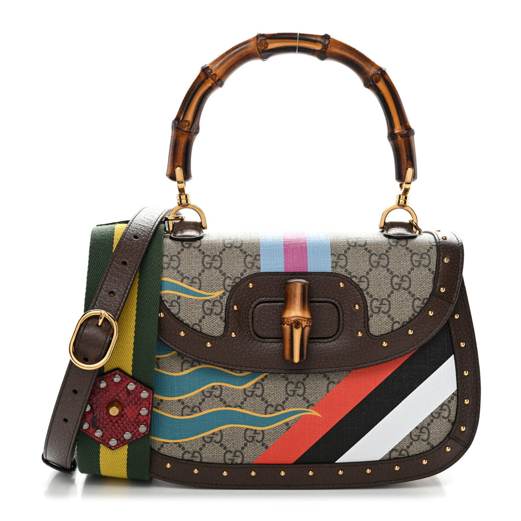 GG Supreme Monogram Studded Calfskin Centum Medium Bamboo 1947 Top Handle Bag Beige Ebony Multicolor