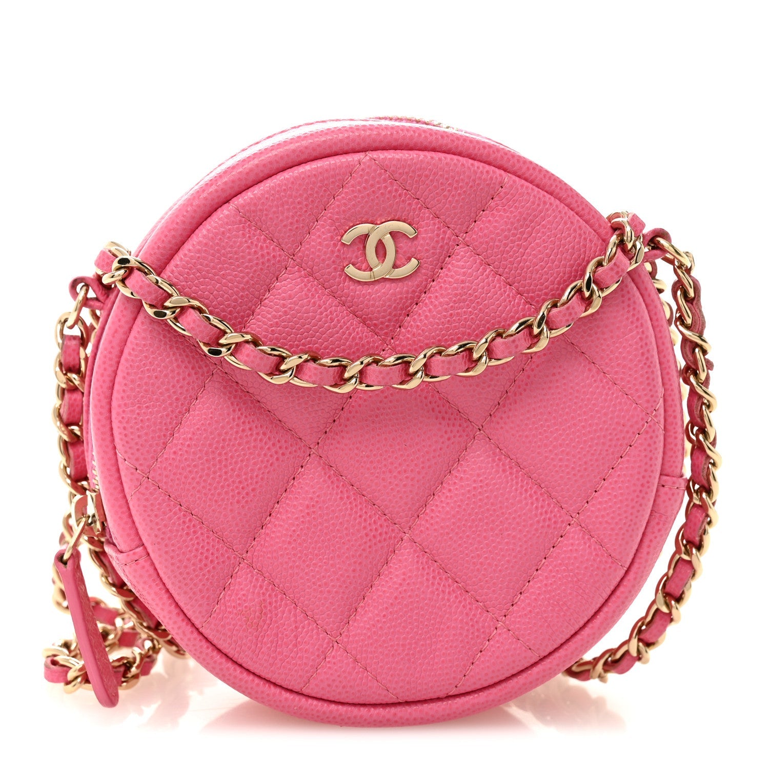 Caviar Quilted Round Clutch With Chain Pink