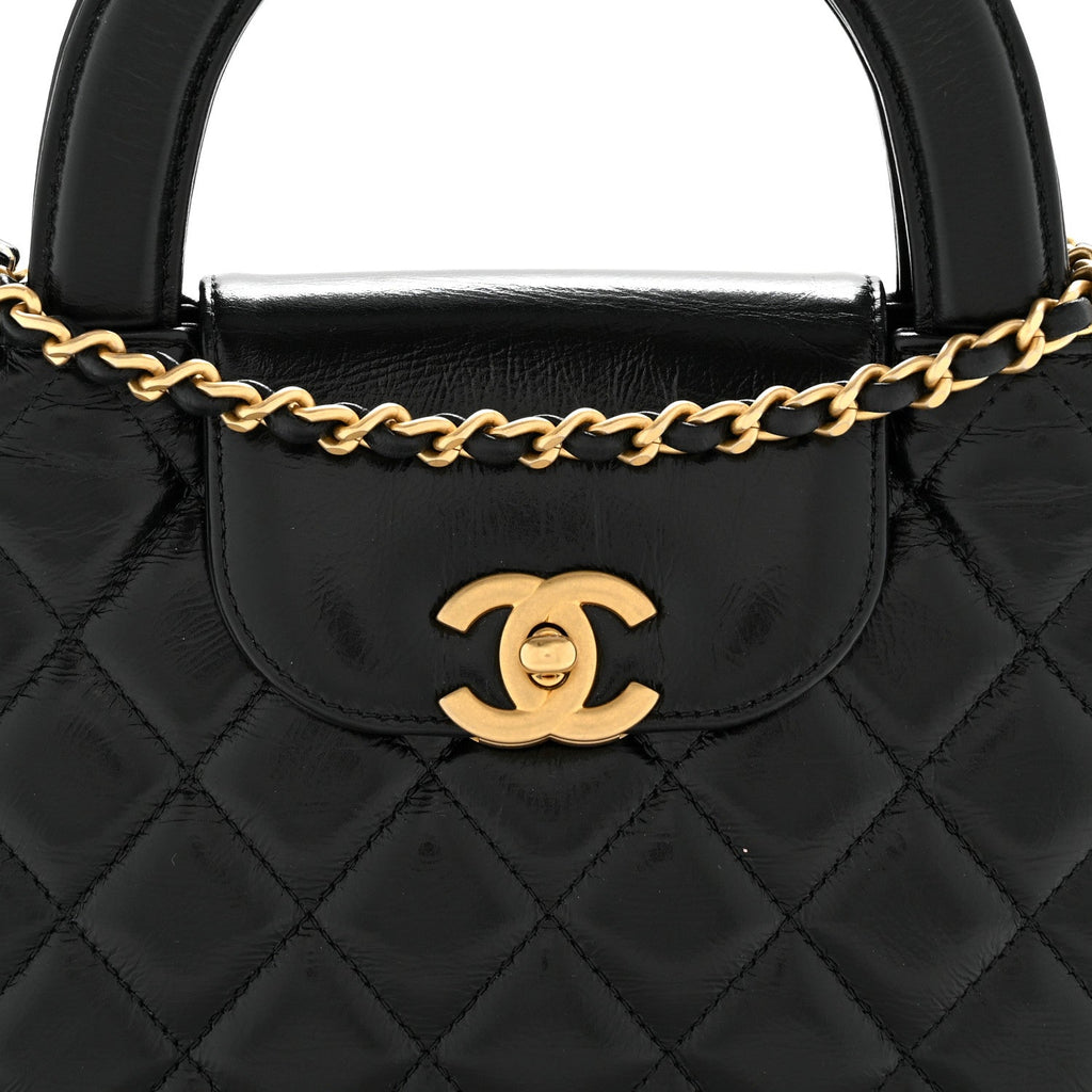 Shiny Aged Calfskin Quilted Nano Kelly Shopper Black