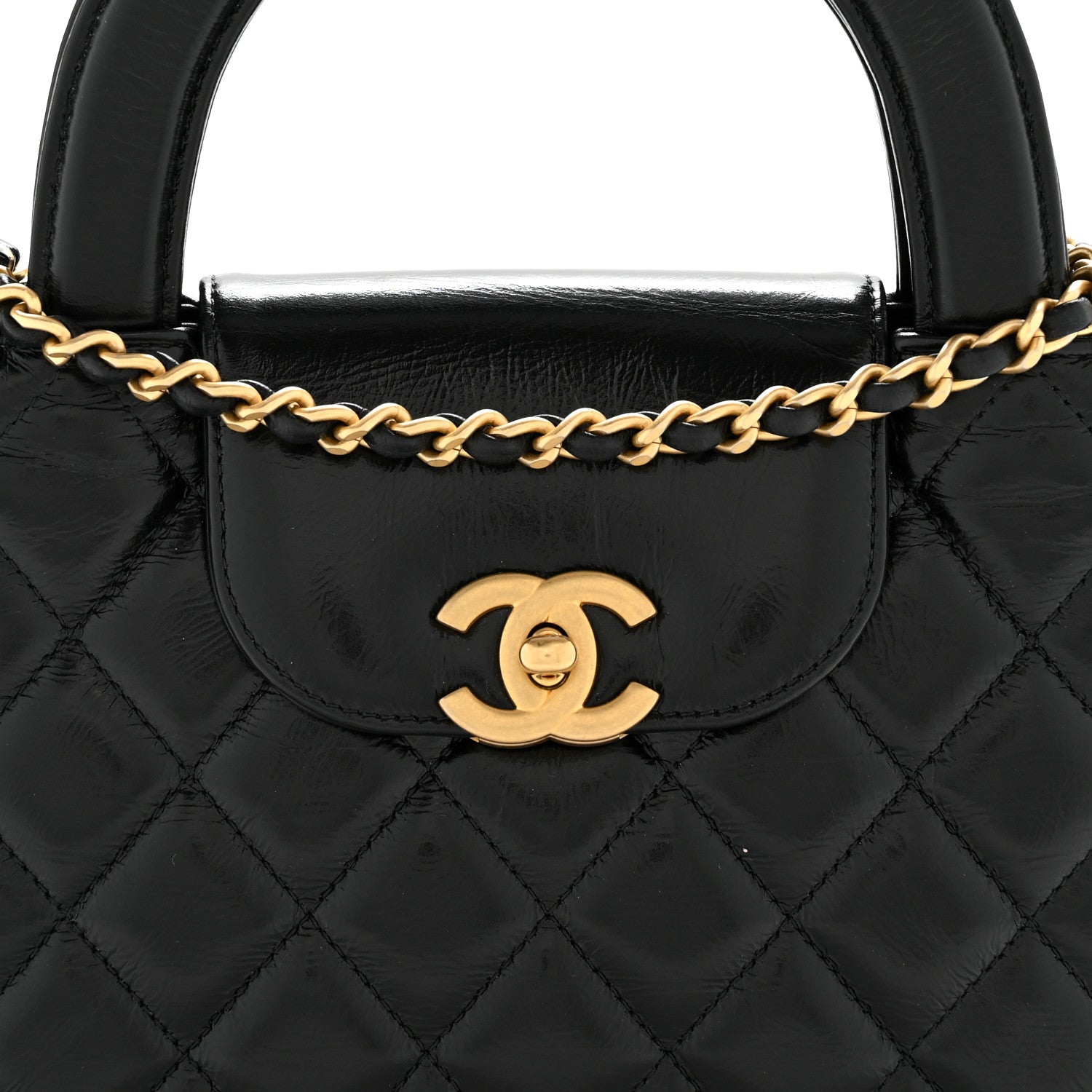 Shiny Aged Calfskin Quilted Nano Kelly Shopper Black