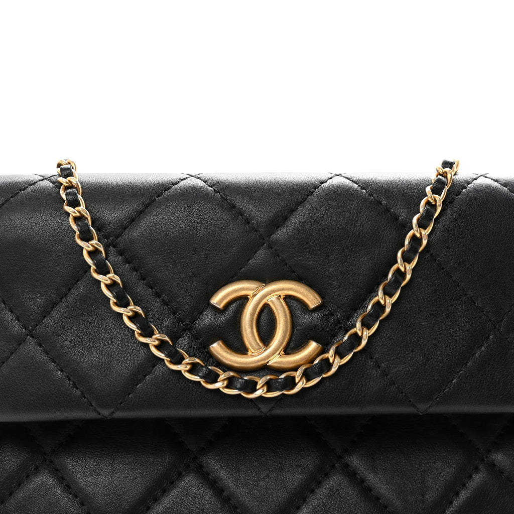 Calfskin Quilted Fold Over Clutch Black