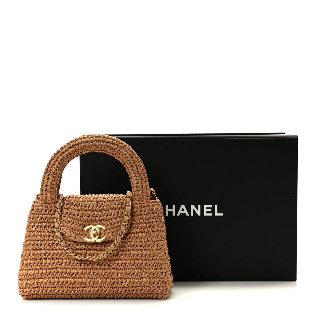 Braided Raffia Nano Kelly Flap Bag Dark Beige
