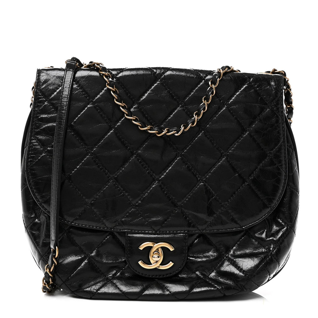 Glazed Calfskin Quilted Medium Bubble CC Flap Black