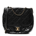 Glazed Calfskin Quilted Medium Bubble CC Flap Black