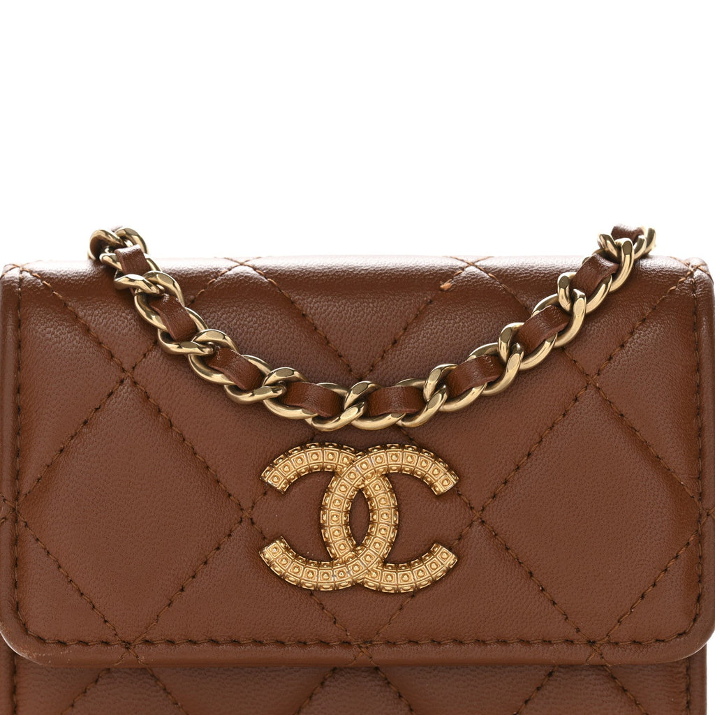 Lambskin Quilted Studded CC Clutch With Chain Brown