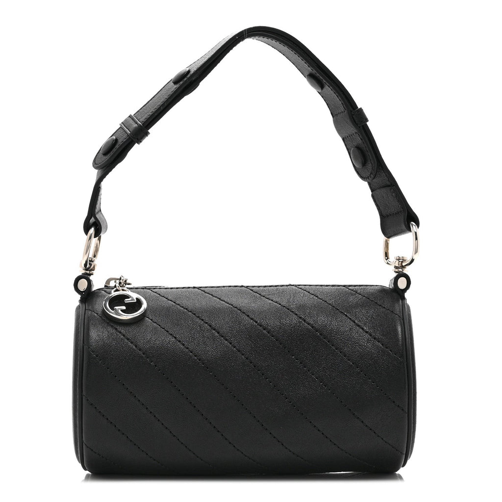 Sakai Be Green Calfskin Diagonal Stitched Mini Blondie Barrel Shoulder Bag Black