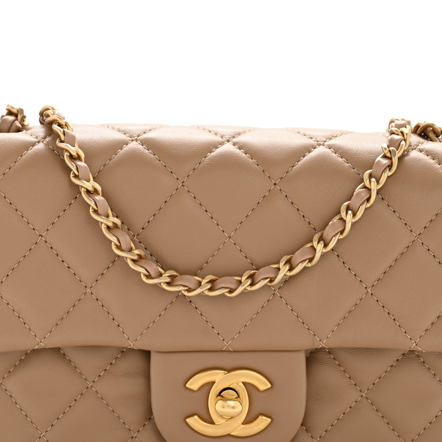 Lambskin Quilted Mini Rectangular Pearl Crush Flap Beige