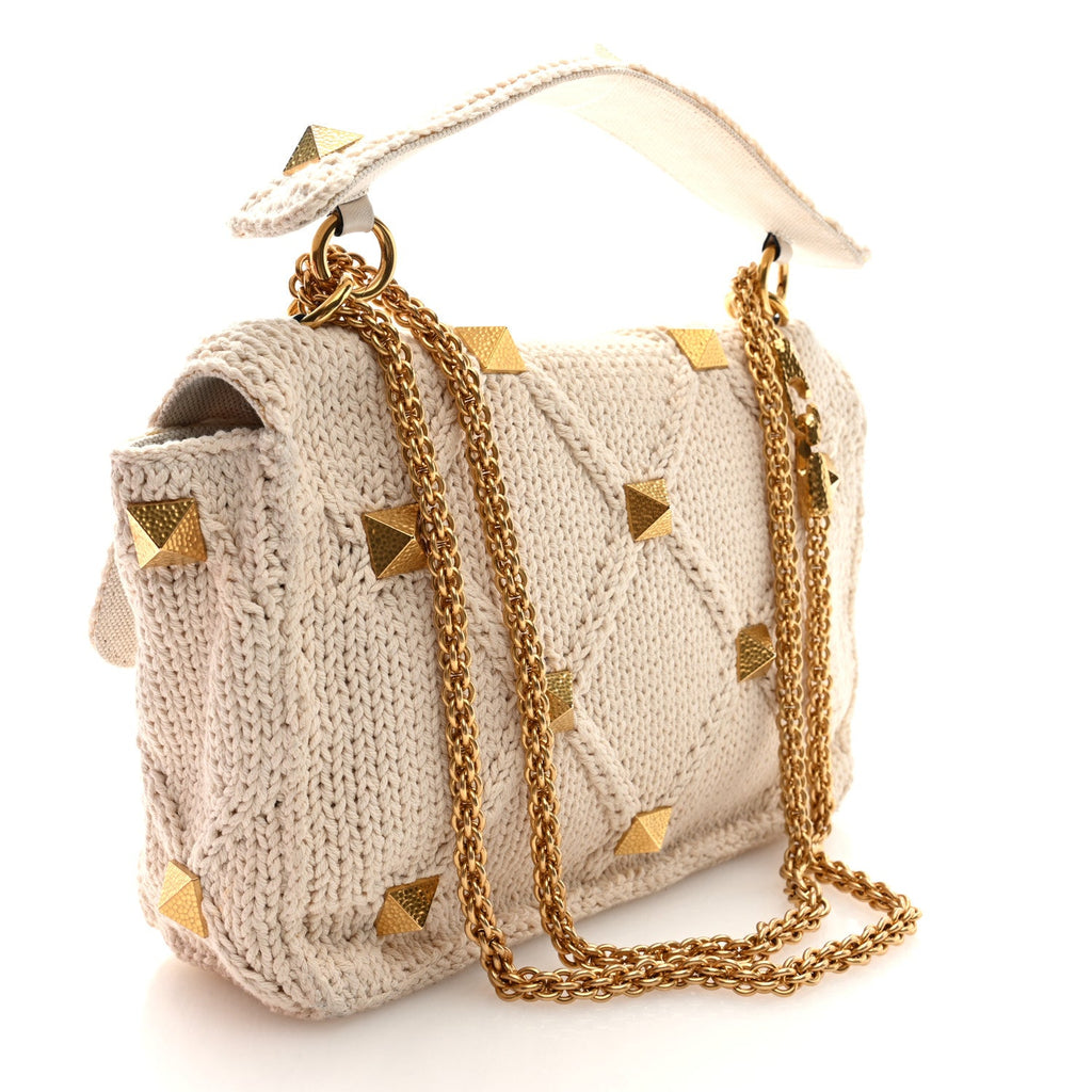 Knit Large Roman Stud Shoulder Bag Ecru