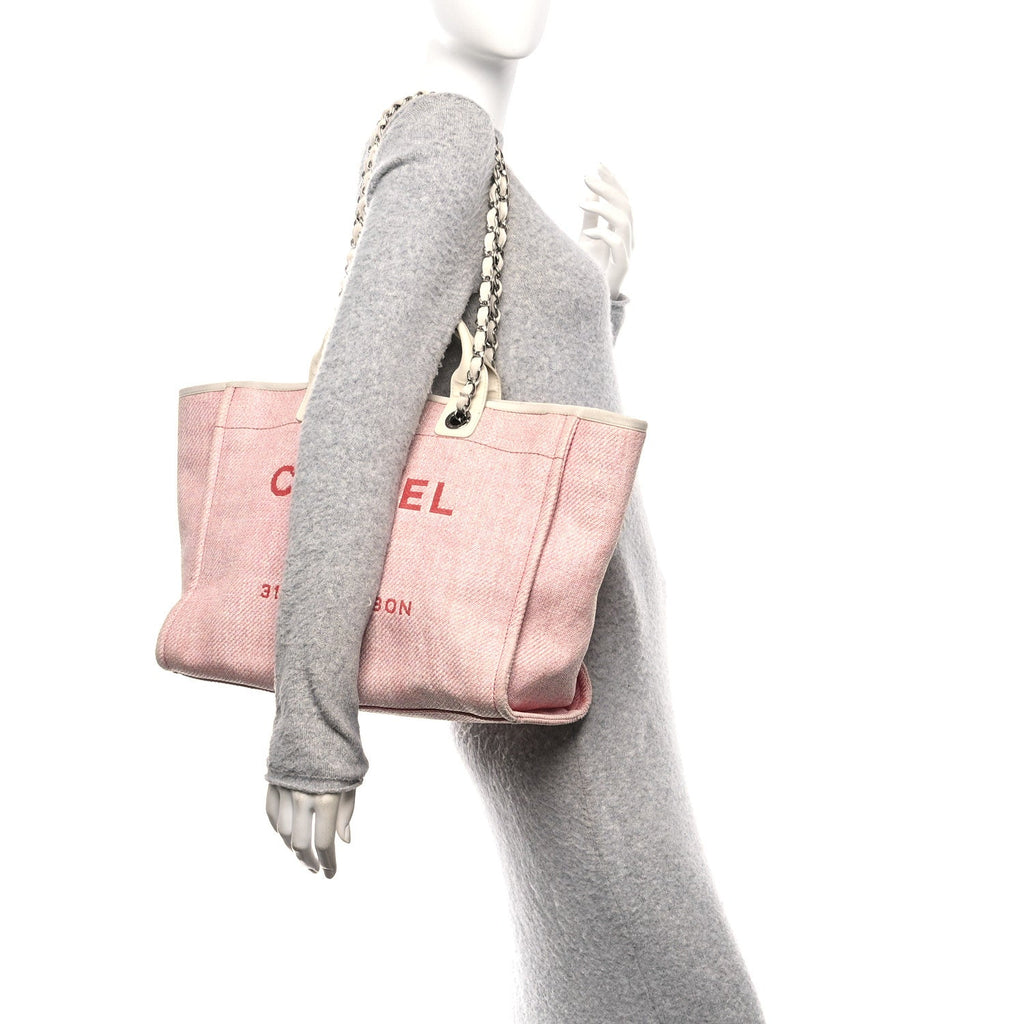 Woven Straw Raffia Medium Deauville Tote Pink White