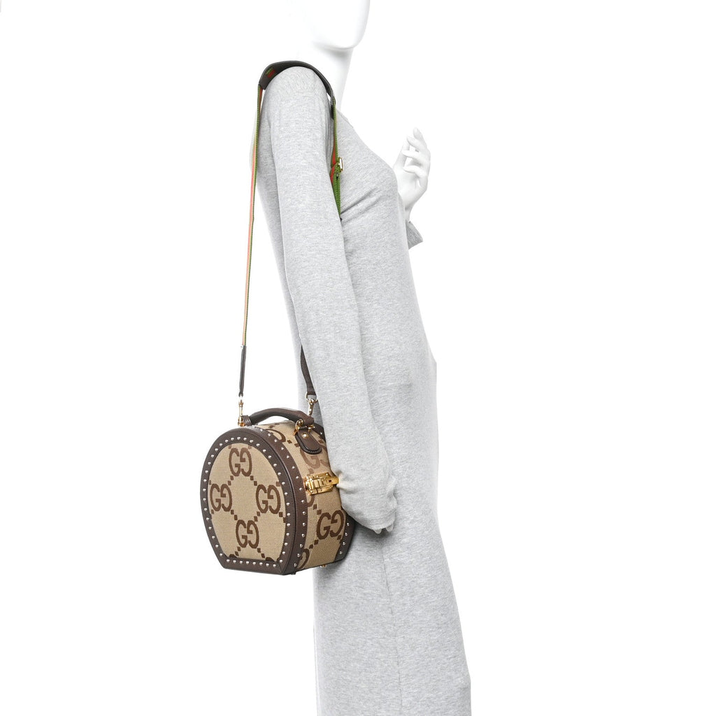Monogram Jumbo GG Textured Dollar Calfskin Web Mini Savoy Hat Box Camel Ebony New Acero