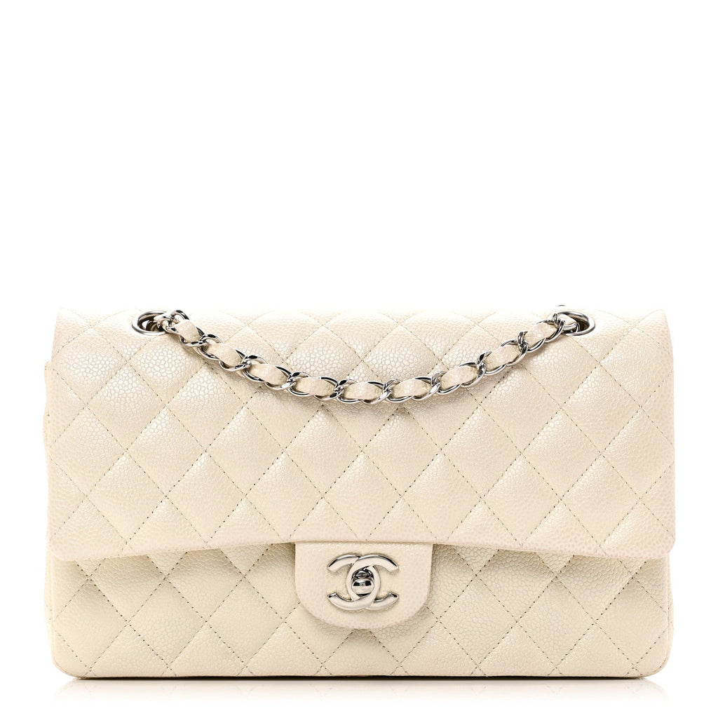Iridescent Caviar Quilted Medium Double Flap White