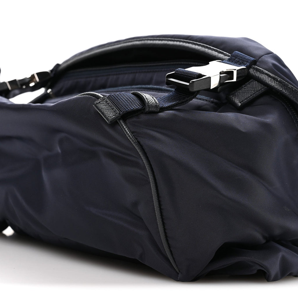 Re-Nylon Saffiano Double Snap Buckle Zip Flap Shoulder Bag Bleu