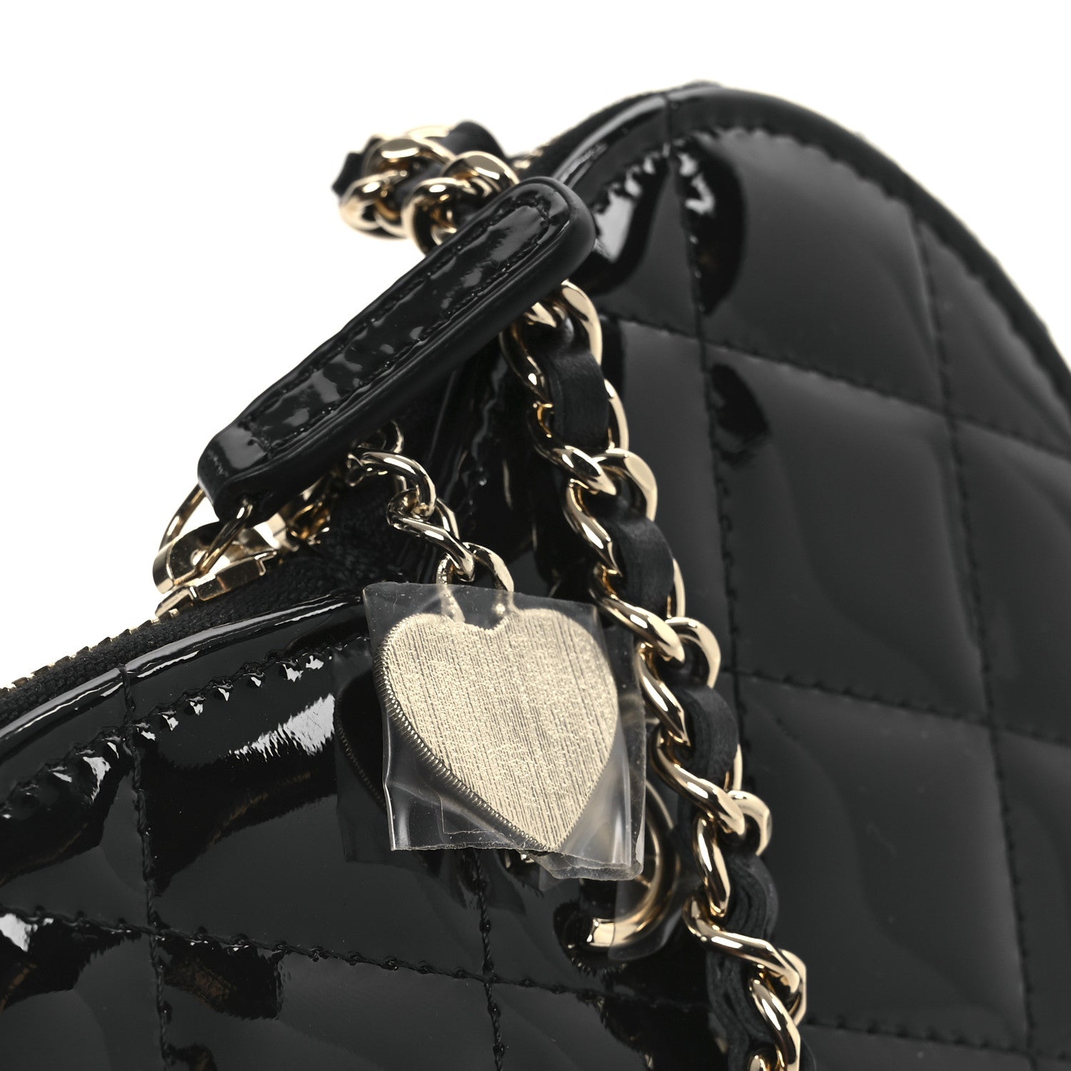 Patent Calfskin Resin Quilted CC Heart Clutch With Chain Black
