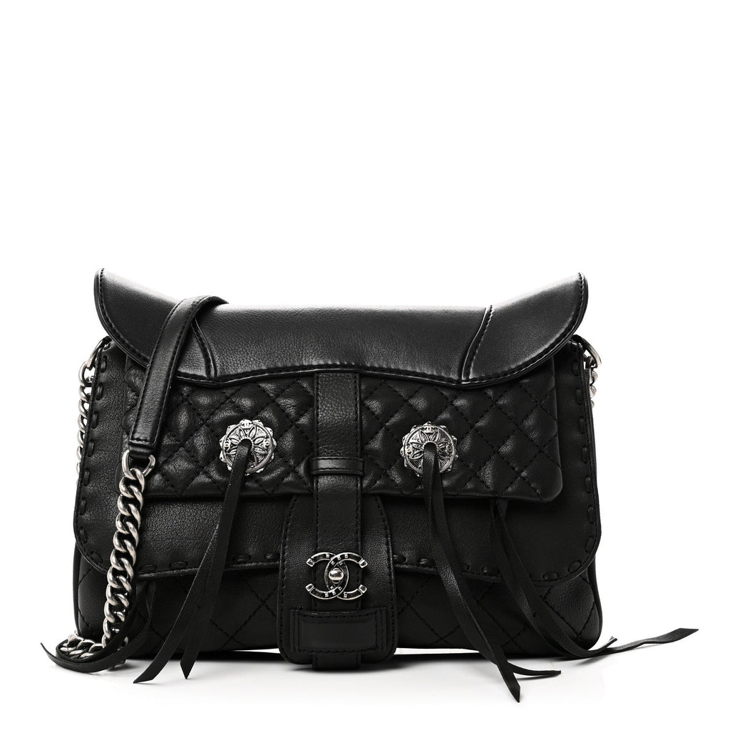 Goatskin Quilted Paris Dallas Saddle Bag Black