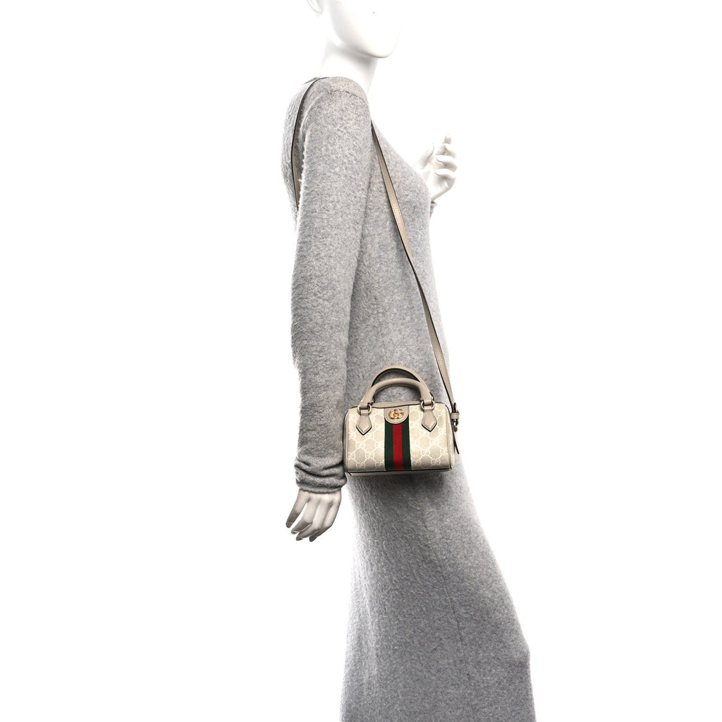 GG Supreme Monogram Textured Dollar Calfskin Web Super Mini Ophidia Top Handle Bowler Bag Beige Mystic White Oatmeal