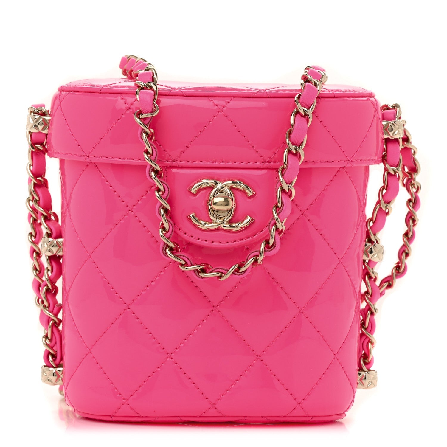 Patent Quilted CC Vani-Tea Case With Chain Neon Pink