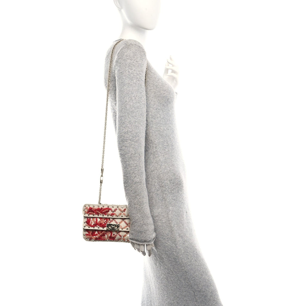 Canvas Beaded Small Rockstud Spike Shoulder Bag Multicolor