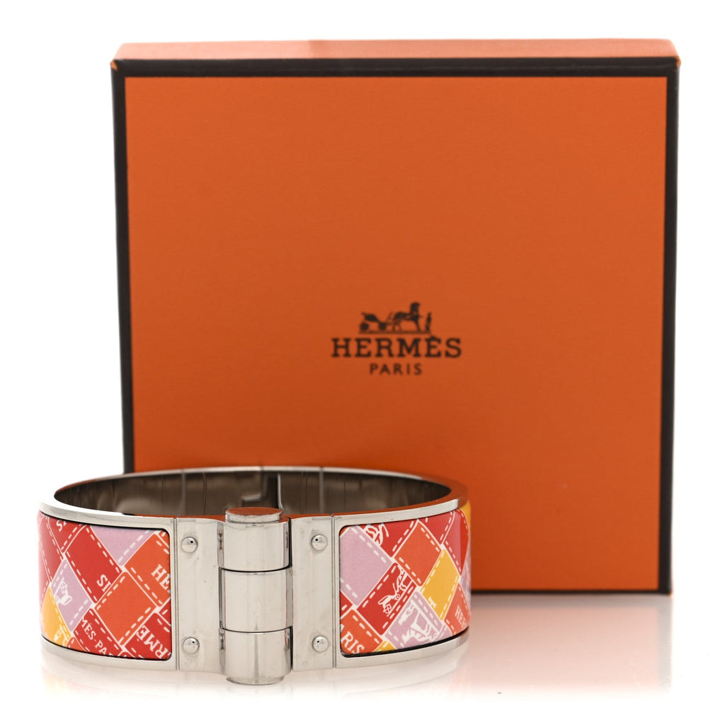 Enamel Printed Wide Square Bolduc Hinged Bracelet S Life In Orange