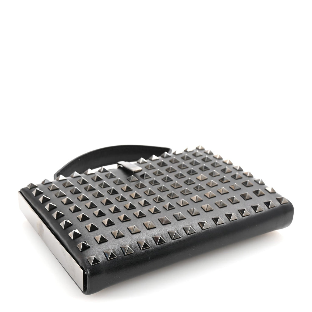 Vitello Monochrome Rockstud Allover Top Handle Clutch Black
