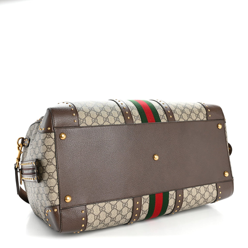 GG Supreme Monogram Textured Dollar Calfskin Web Studded Large Savoy Duffle Bag Beige Ebony
