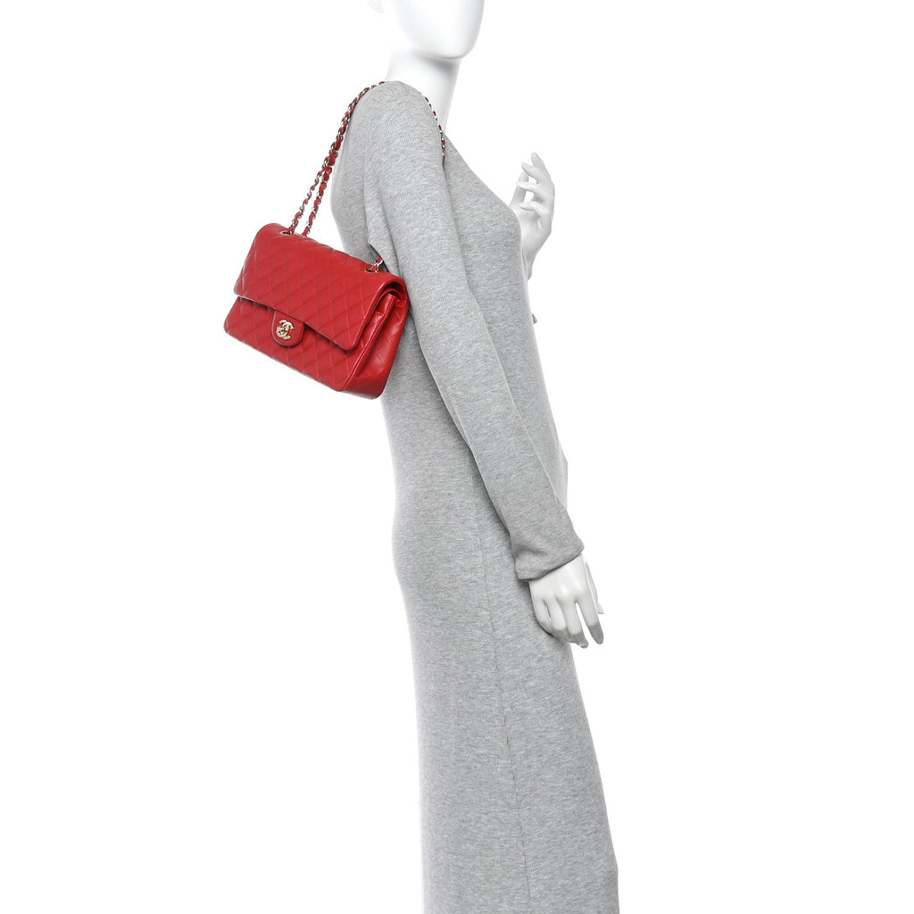 Lambskin Quilted Medium Double Flap Red