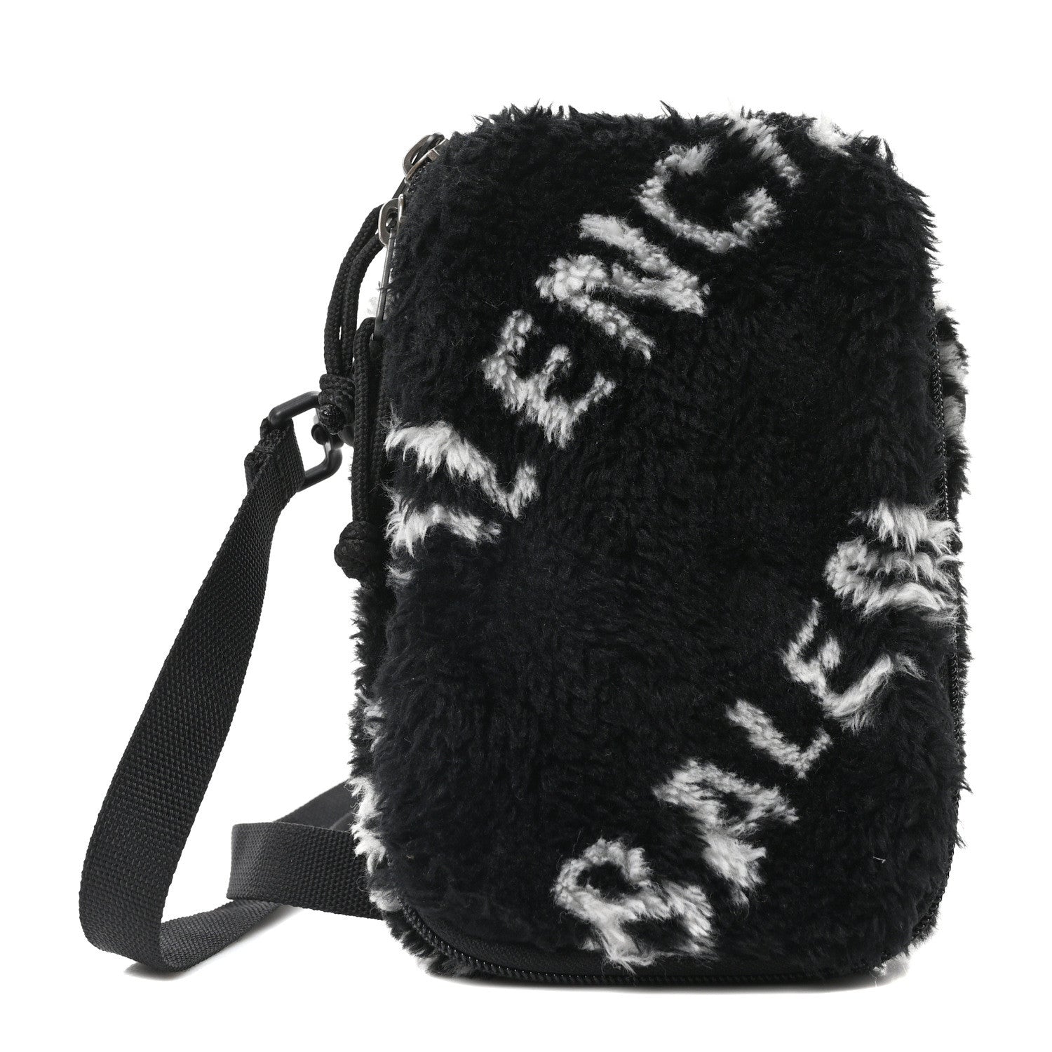 Faux Fur Diagonal Logo Explorer Crossbody Pouch  Black White