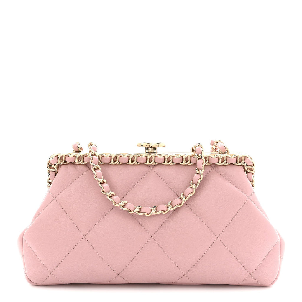 Lambskin Quilted Chain Frame Clutch Pink