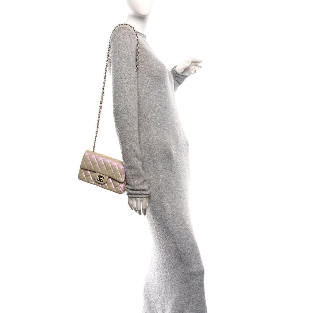 Iridescent Calfskin Quilted Mini Rectangular Flap Pink
