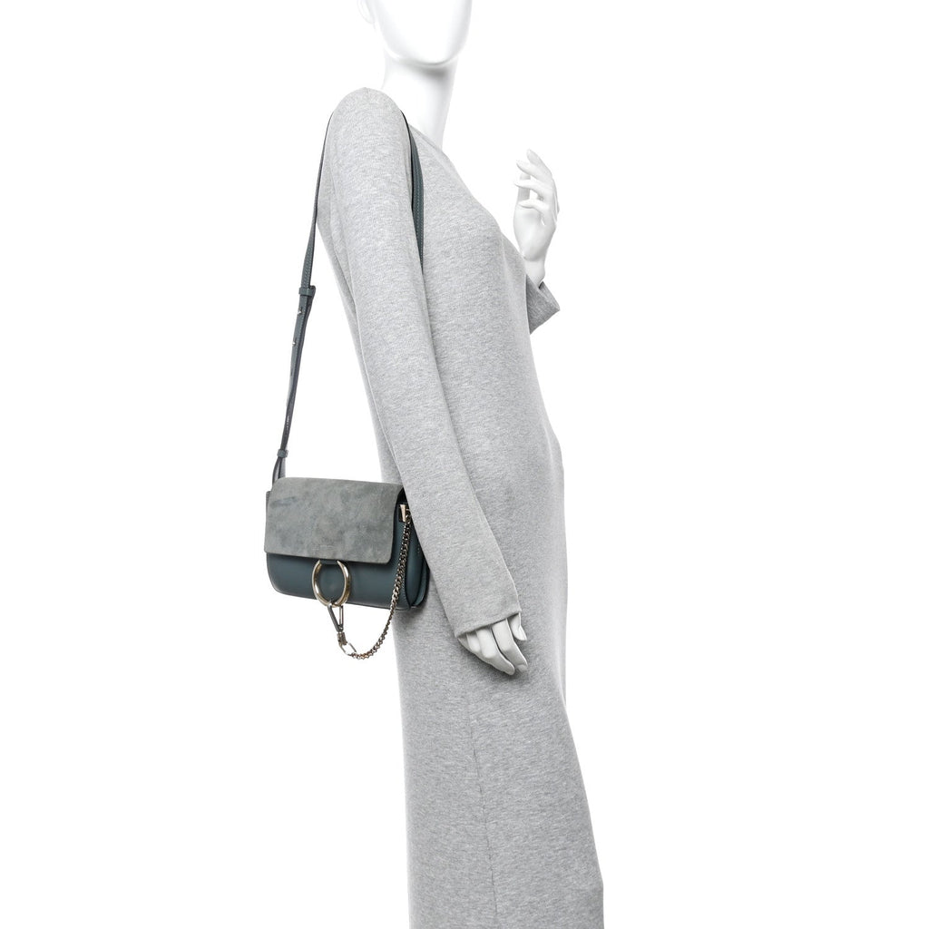 Suede Calfskin Small Faye Shoulder Bag Cloudy Blue