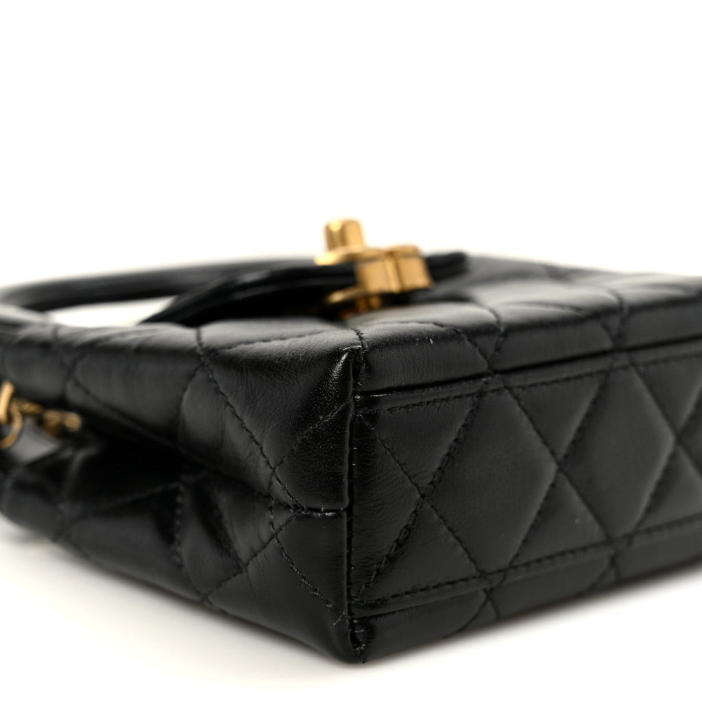 Shiny Aged Calfskin Quilted Mini Nano Kelly Shopper Black