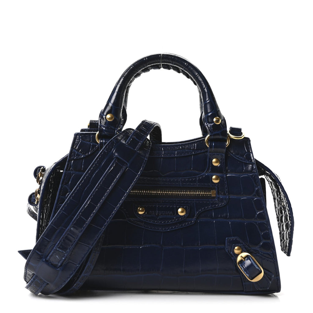 Shiny Supple Calfskin Crocodile Embossed Neo Classic Gold Hardware Mini City Navy