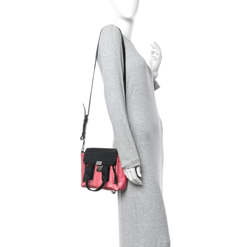 Textured Calfskin Elaphe Snakeskin Mini Pashli Satchel Pink Black